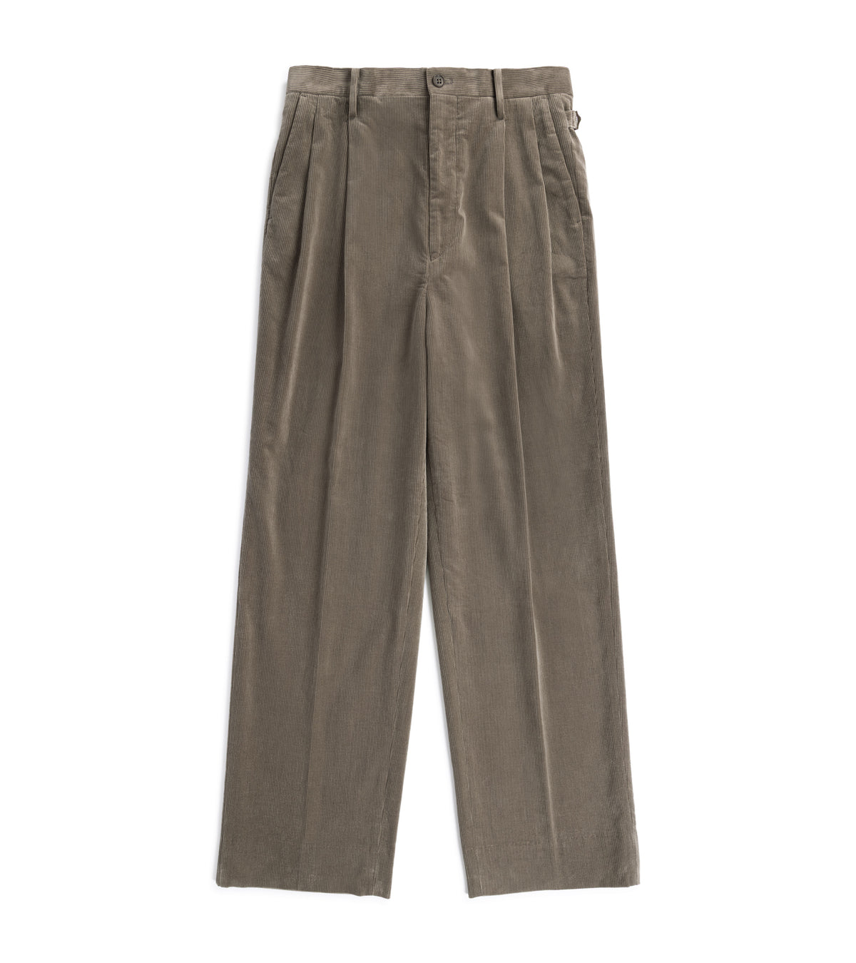 Kaptain Sunshine Cotton Corduroy Shoecut Slacks in Brown. Front view showing front pleats, side pockets and belt loops.