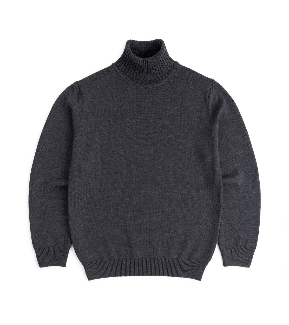 Mooncastle Merino Roll Neck Sweater in Dark Grey, front view.