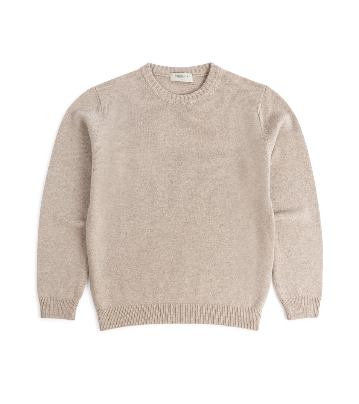 Mooncastle Wool Cashmere Silk Crew Neck Sweater in Beige Grey, front view.
