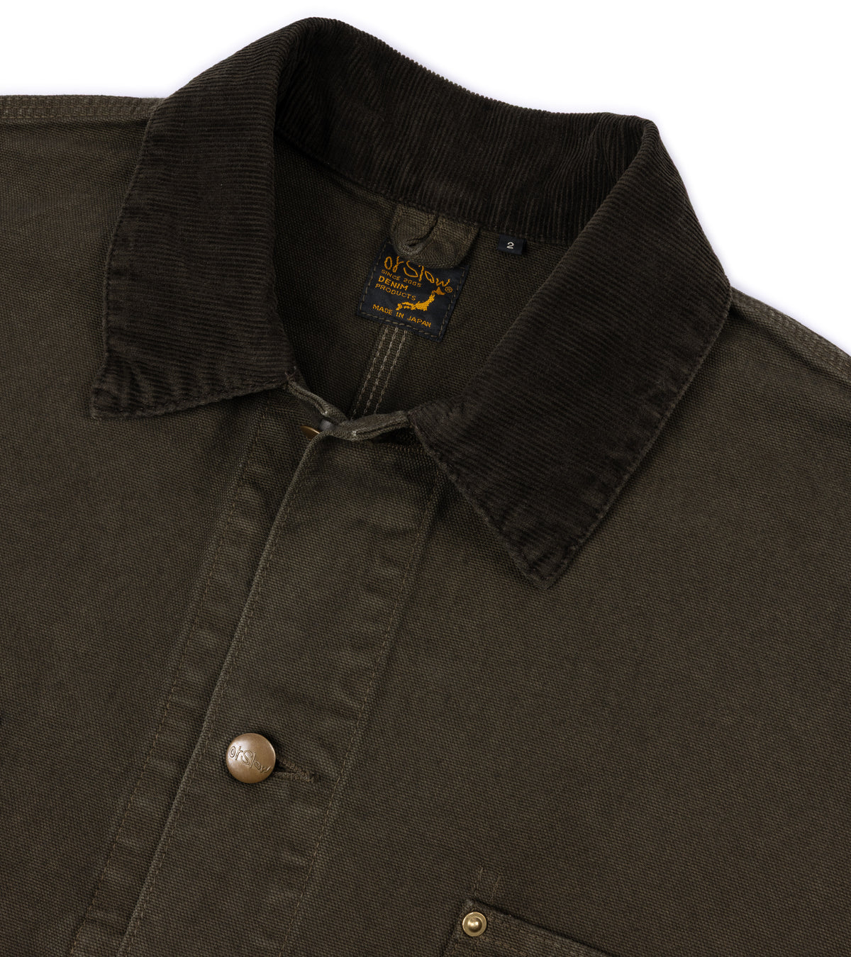 OrSlow Oxford Cotton Coverall Jacket in Coffee Brown. Close-up detail of the  oxford fabric and corduroy collar.