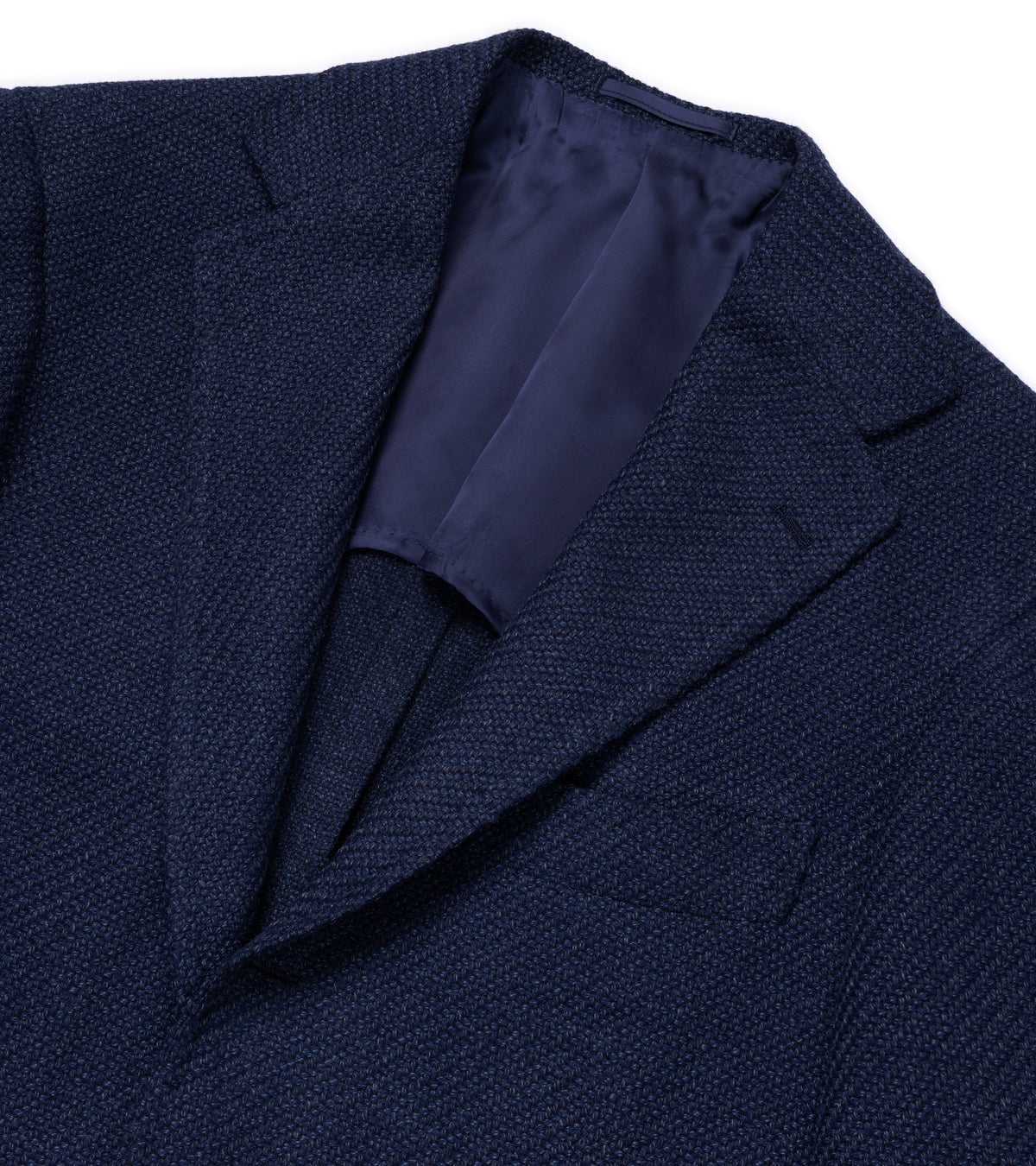 Close up of the Ring Jacket Meister Wool Roving Kersey Balloon Jacket in Navy showing the fabric texture.