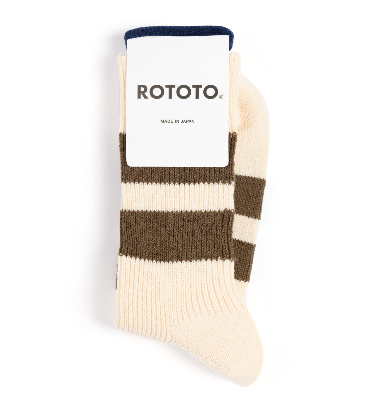 RoToTo Recycled Cotton Stripe Crew Socks: Ecru/Moss