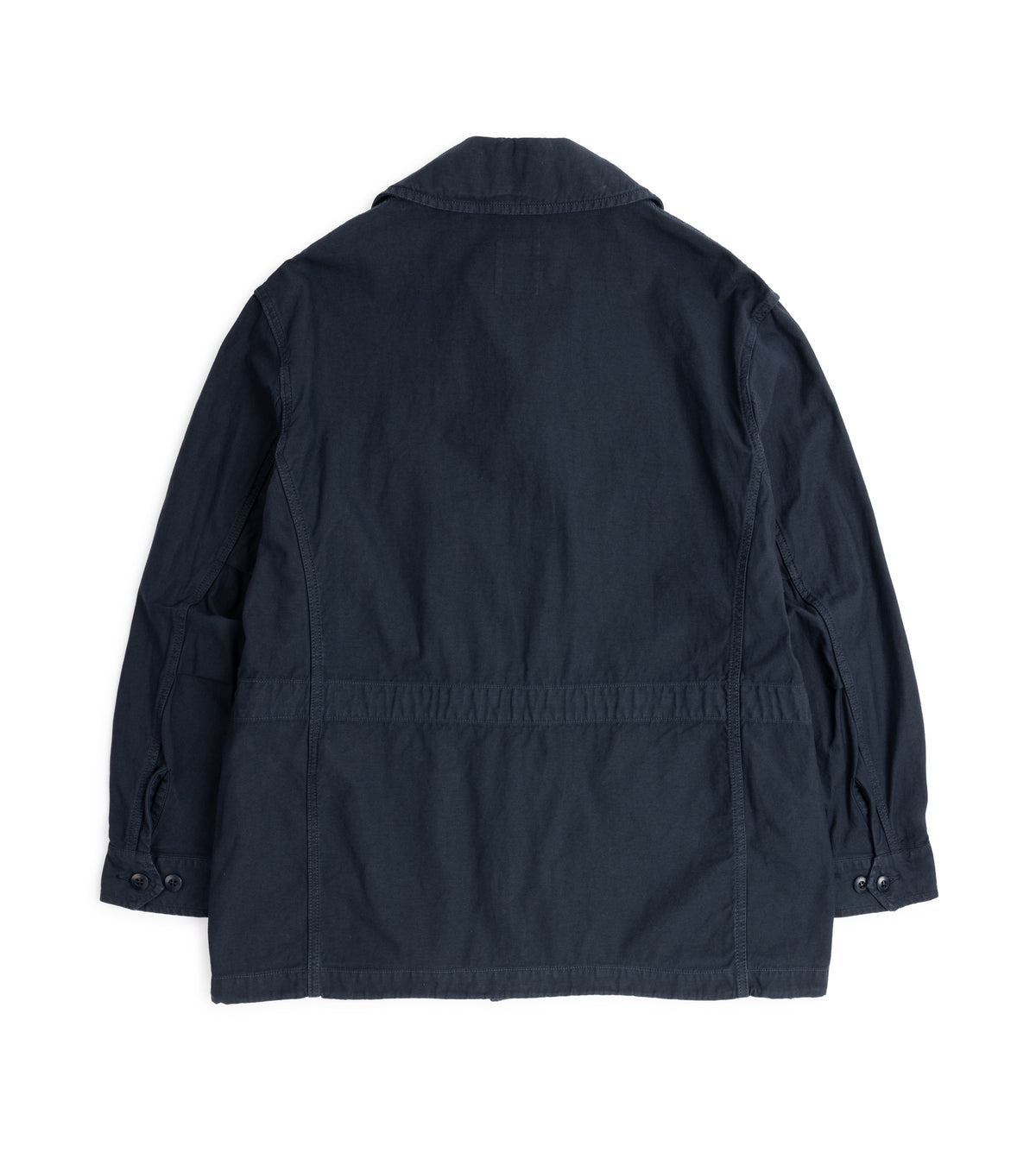 Sage de Cret Cotton Linen Back Satin M-47 Style Jacket in Navy, back view.
