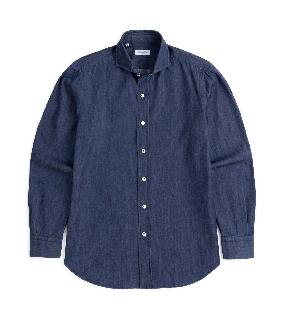 Salvatore Piccolo Cotton Chambray Shirt in Dark Blue, front view.