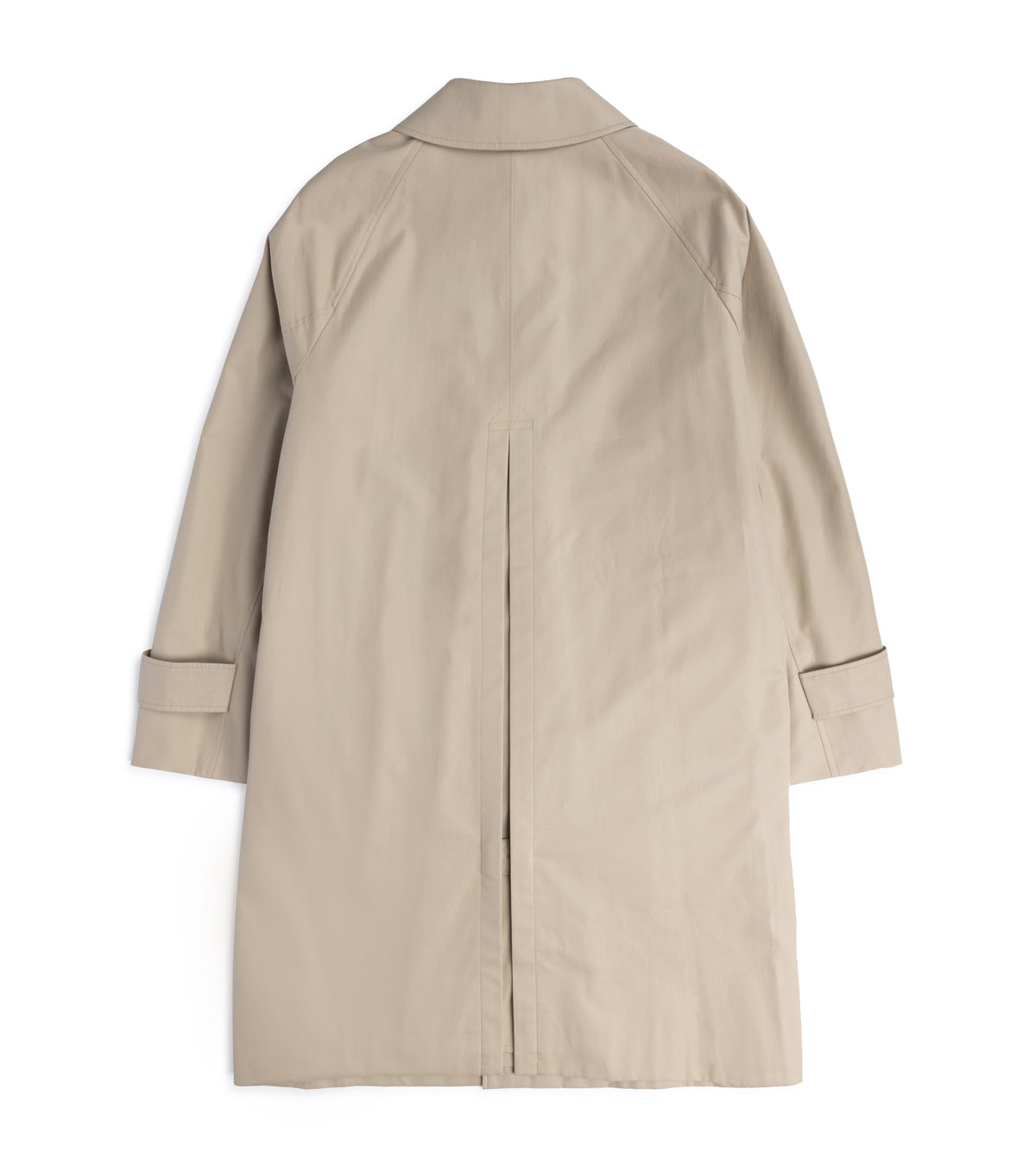 Sanyo 100 Year Lightweight Gabardine Balmacaan Coat in Beige, back view. Shown is the inverted back pleat from about midway to the hem.