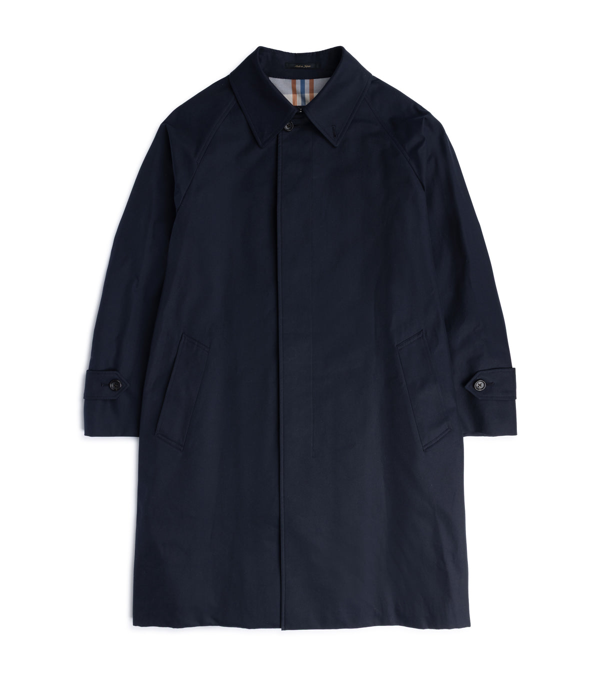 Sanyo 100 Year Lightweight Gabardine Balmacaan Coat in Navy, front view.