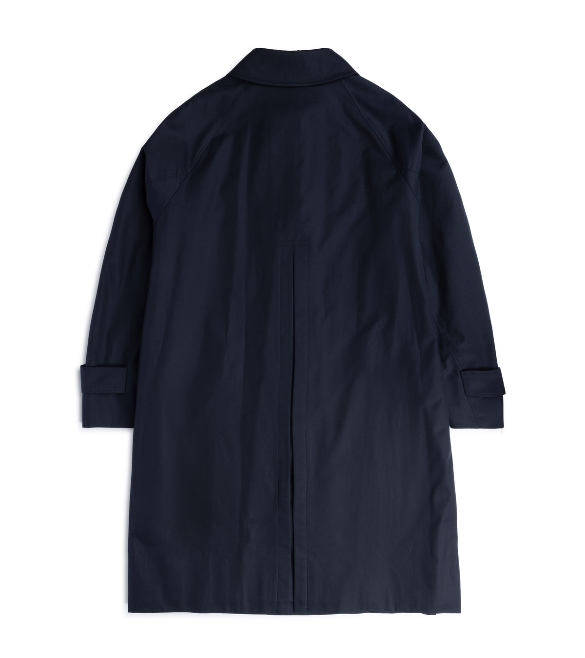 Sanyo 100 Year Lightweight Gabardine Balmacaan Coat in Navy, back view. Shown is the inverted back pleat from midway to the hem.