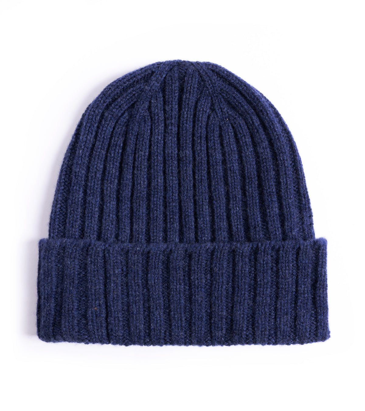 Trunk Lambswool Ribbed Beanie in Dark Blue front view.