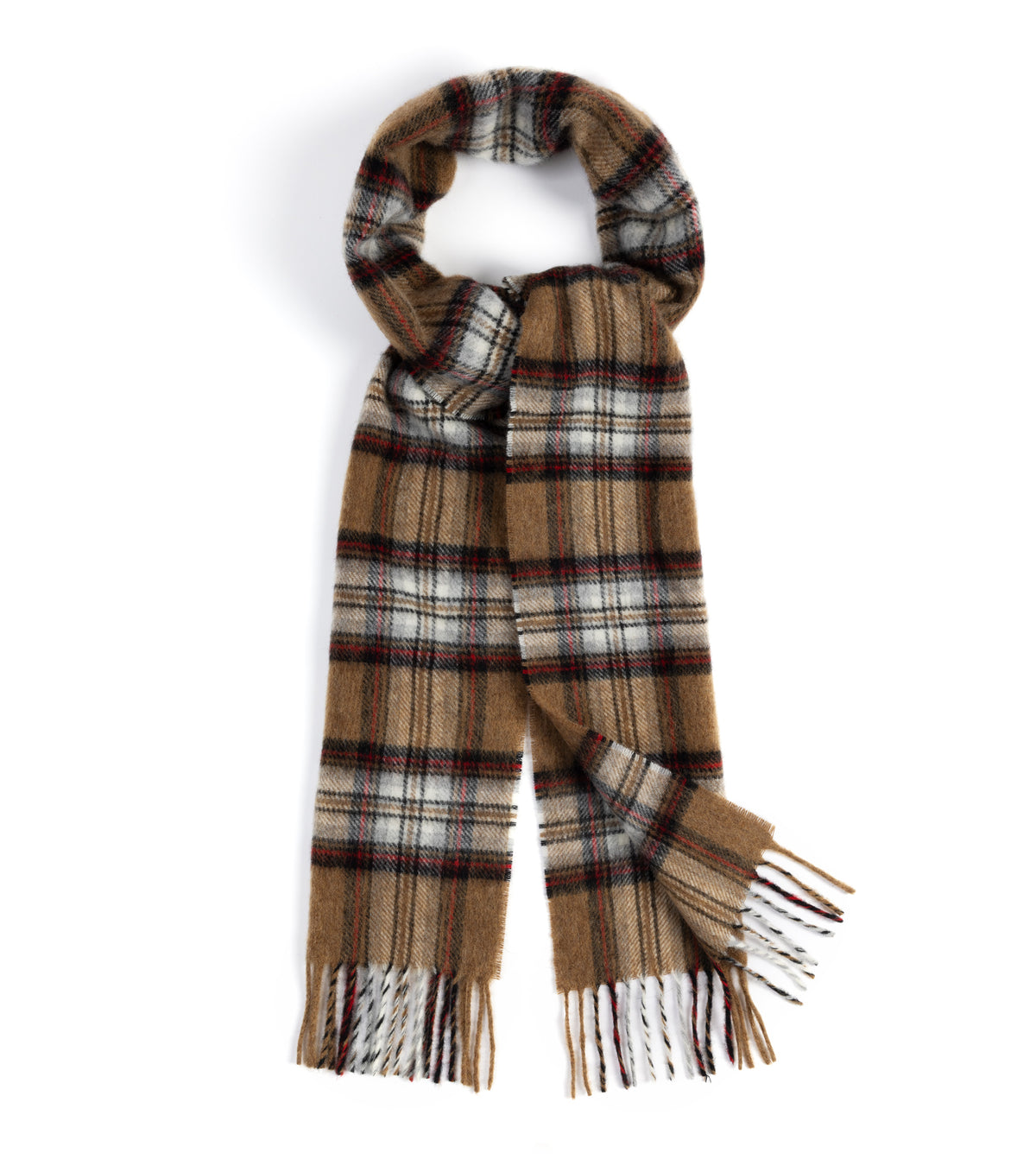 Trunk Moon Merino Check Scarf in Camel/Red with fringed ends styled in a loop.