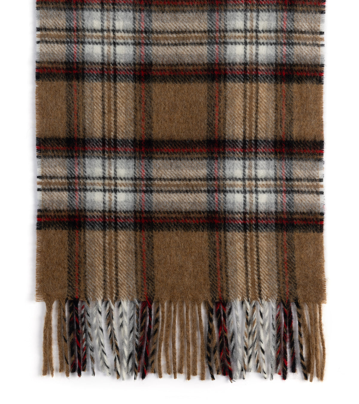 Trunk Moon Merino Check Scarf in Camel/Red flat display.