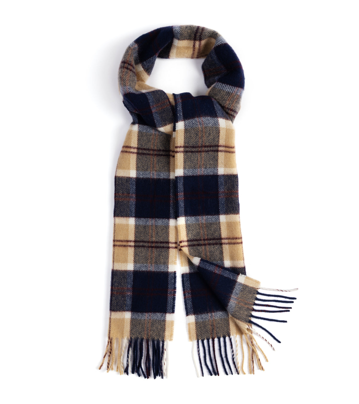 Trunk Moon Merino Check Scarf in Navy/Cream with fringed ends styled in a loop.