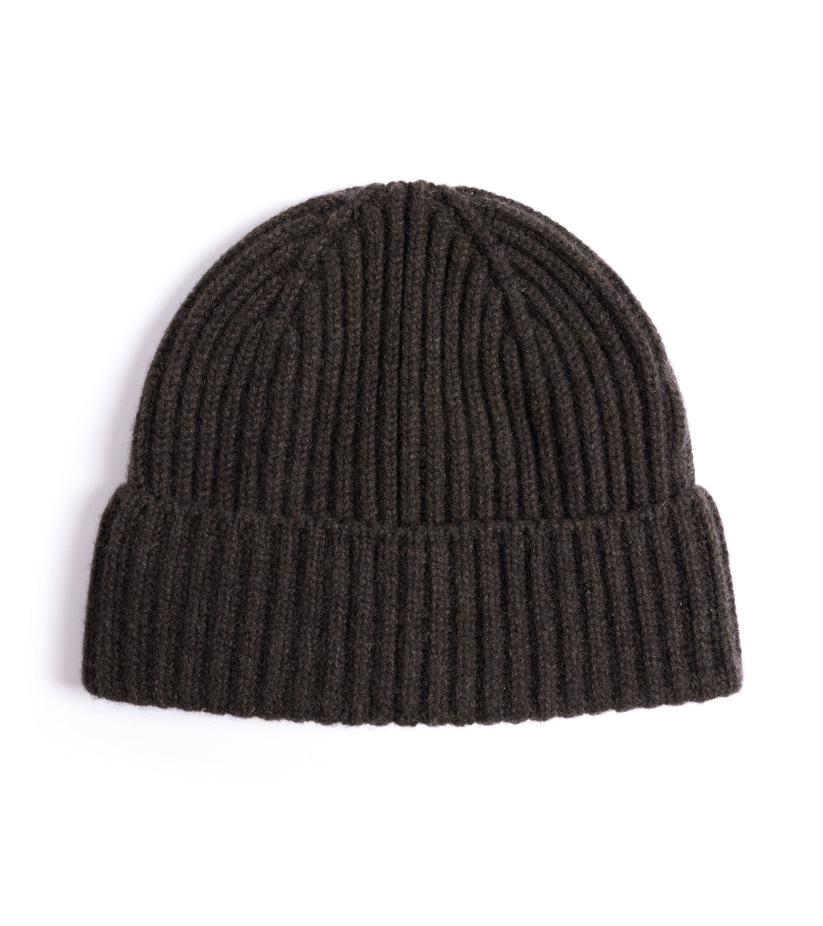Trunk Seamless Ribbed Cashmere Beanie in Dark Chocolate, front view, showing a classic ribbed knit.
