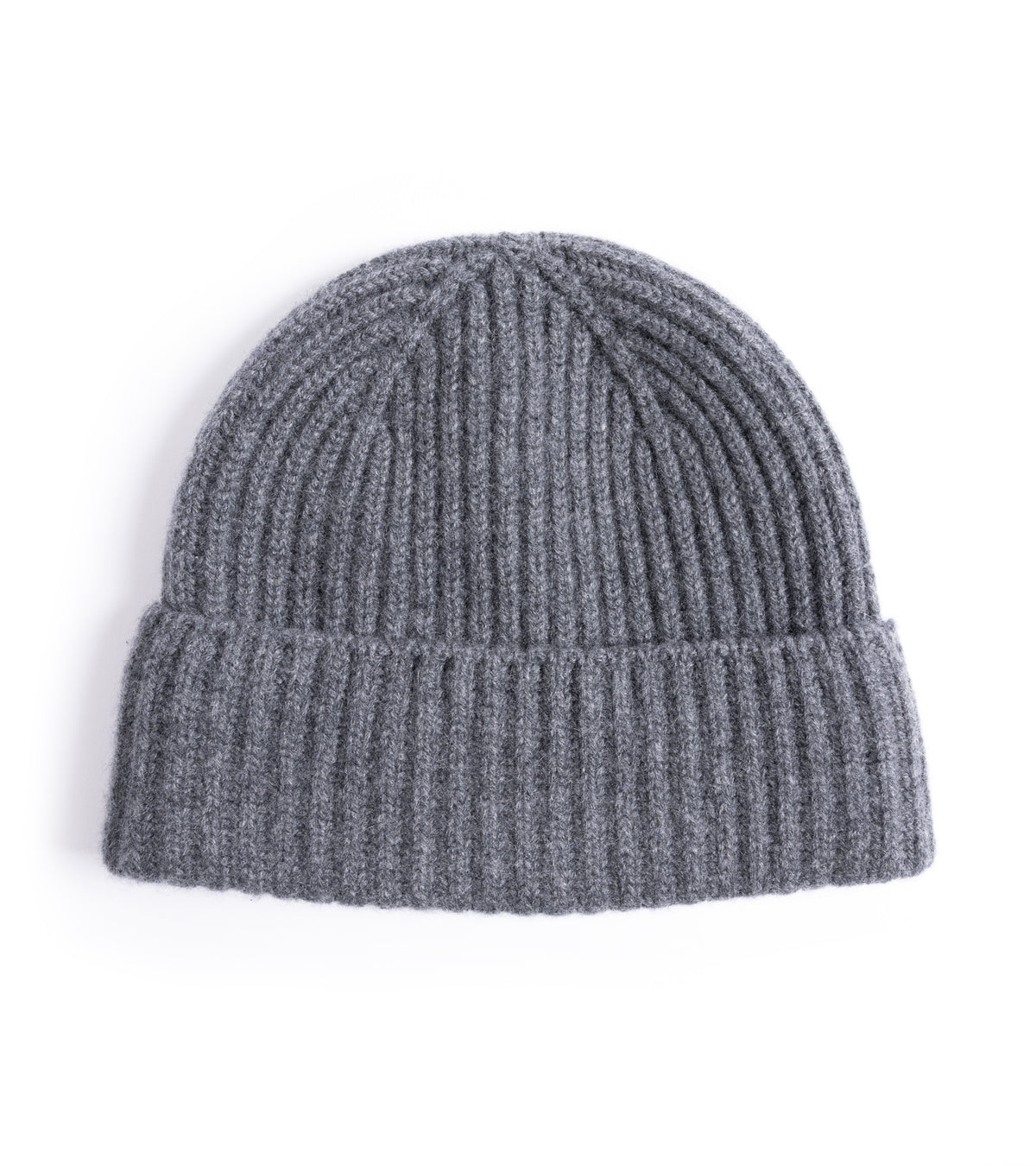 Trunk Seamless Ribbed Cashmere Beanie in Derby Grey, front view, showing a classic ribbed knit.