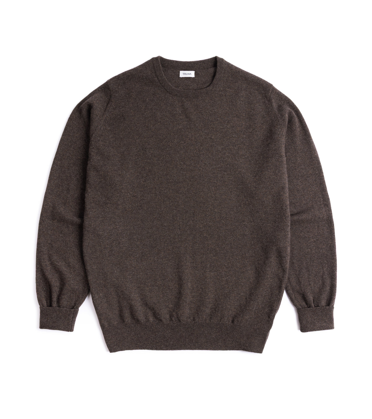 Trunk Walden Geelong Crew Neck Sweater in Brown, front view, showing the crew neck, ribbed cuffs and hem.
