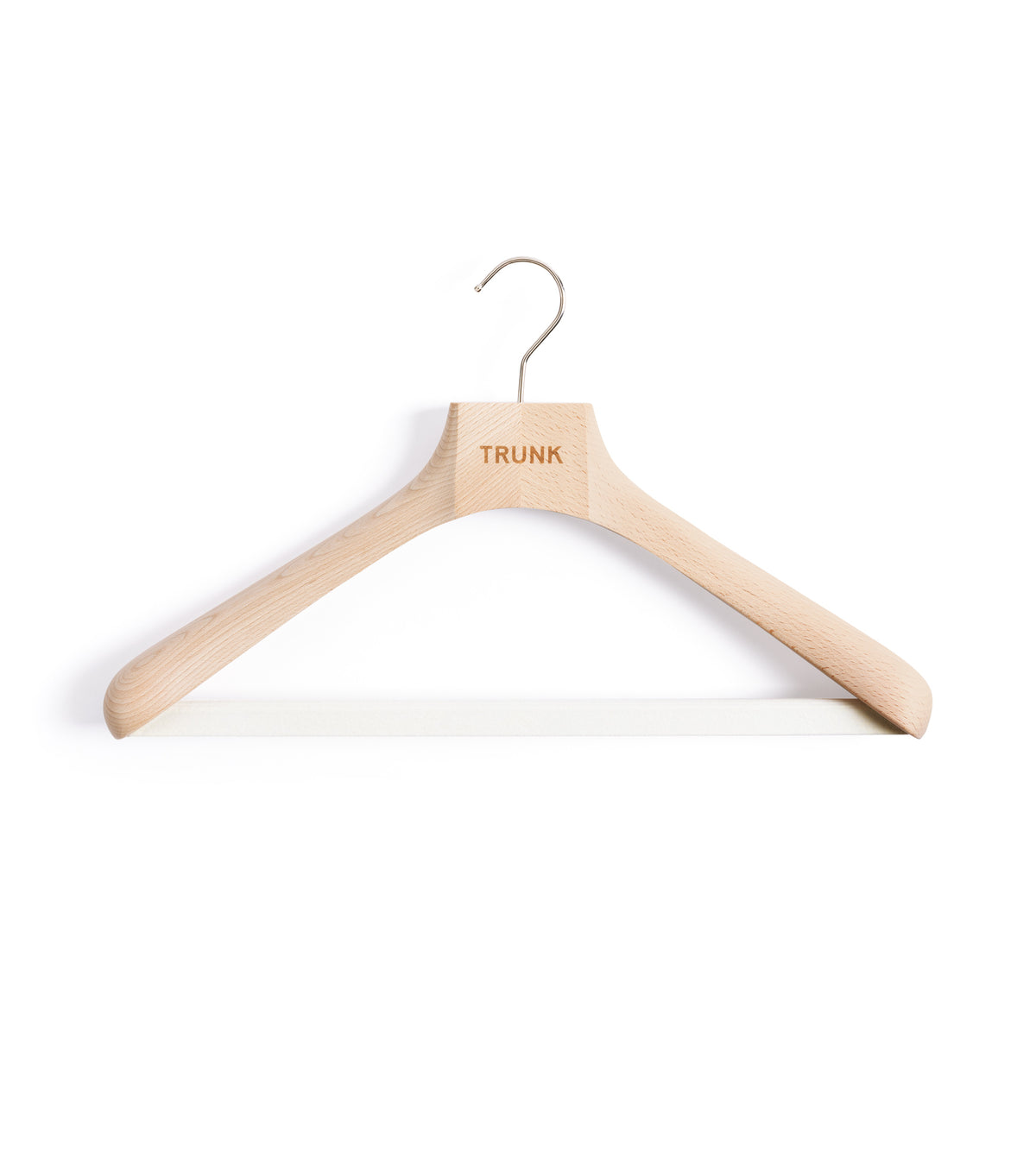 Trunk Wooden Suit Hanger in Beech with a silver metal hook and 'TRUNK' logo engraved on the neck.