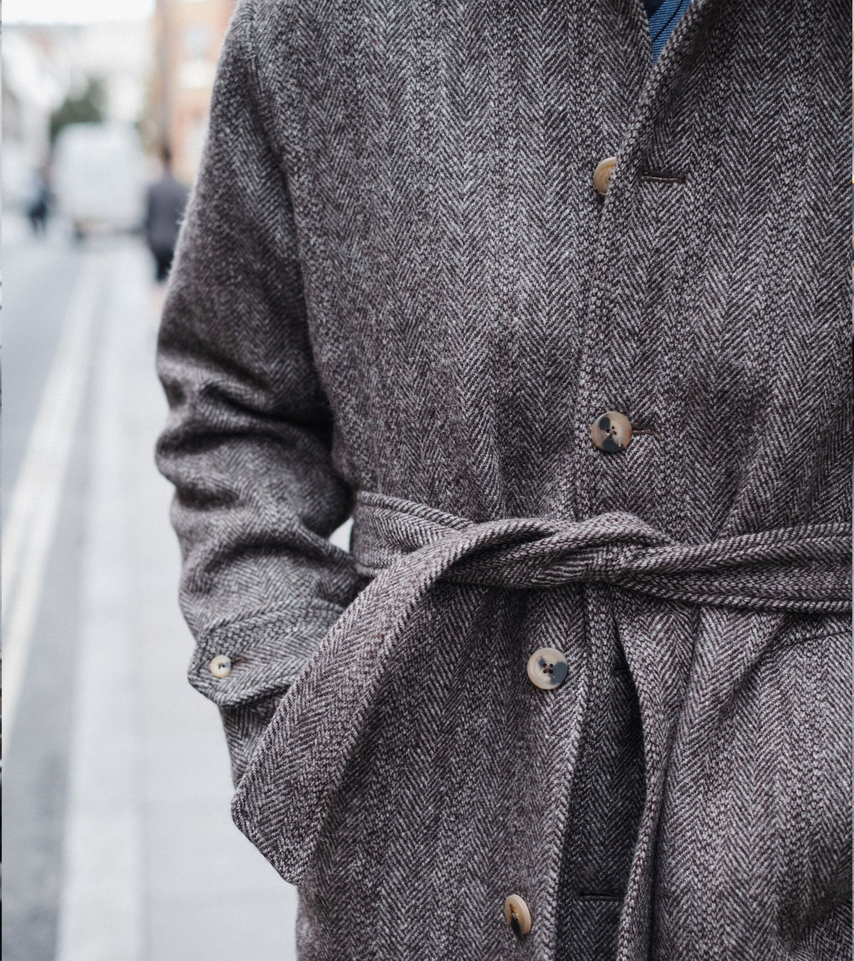 De Bonne Facture Herringbone Wool Overcoat in undyed brown, product photo.