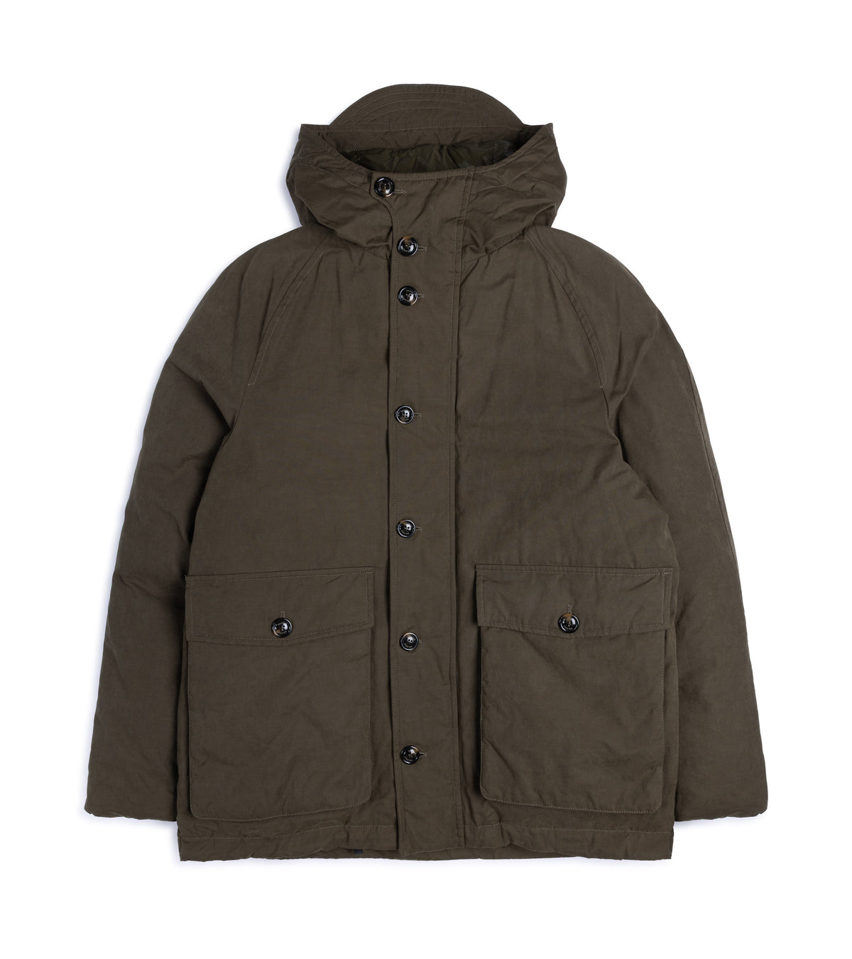 Valstar Liam Water-Repellent Waxed Cotton Down Padded Parka in Olive, front view.  Buttoned up with a hood and large front flap pockets with button closure.