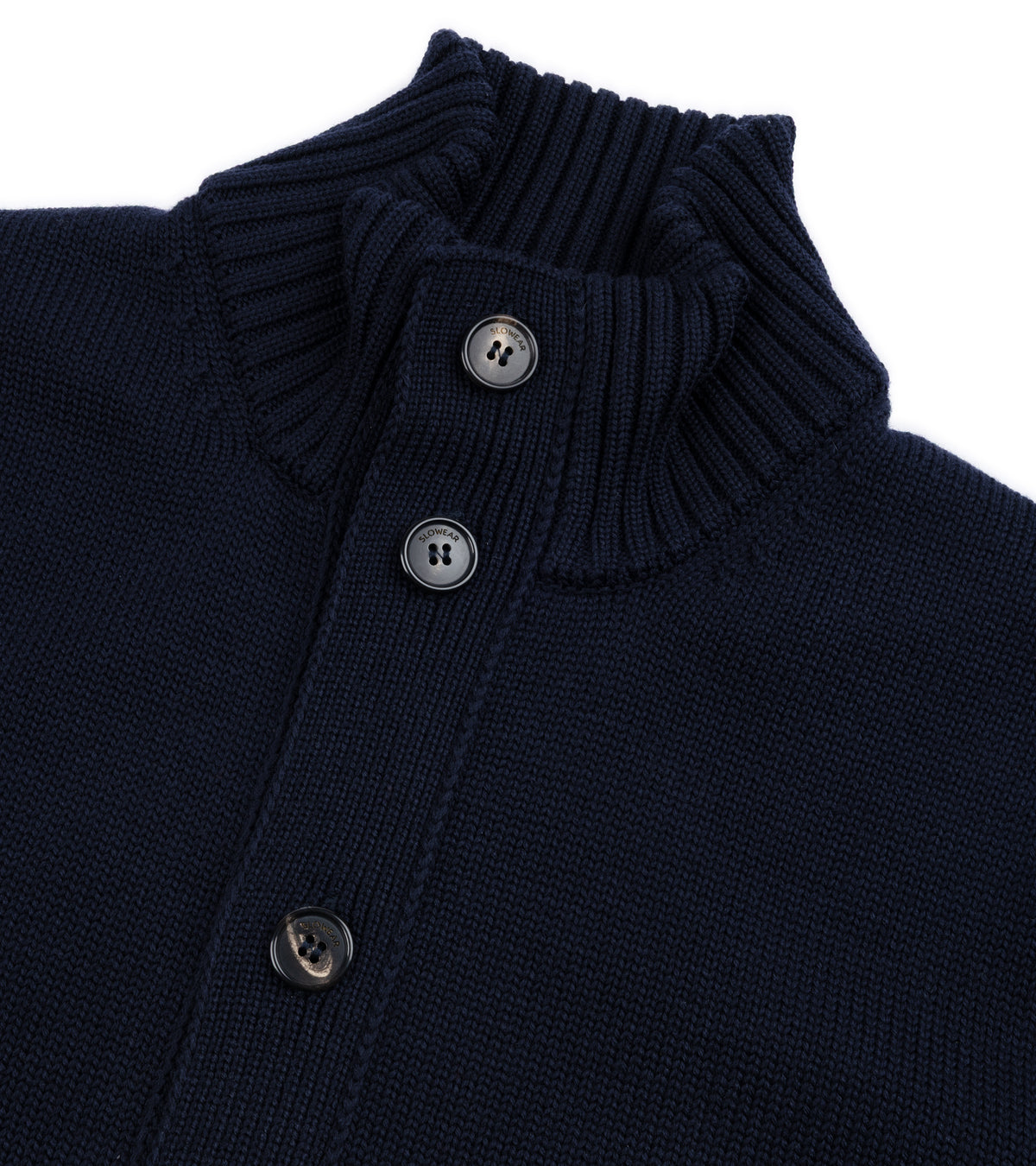 Close-up of the Zanone Chioto 5-Gauge Wool Cardigan in Navy showing the ribbed neck, front buttons and fabric texture.