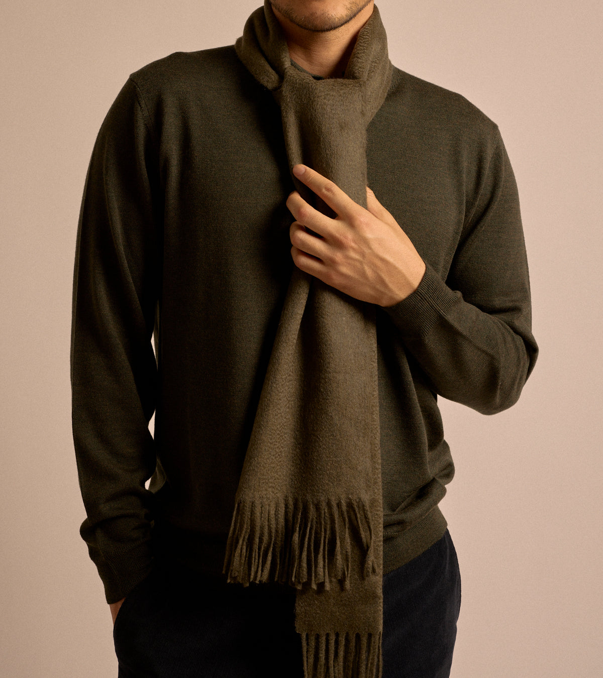 Begg x Co Arran Solid Oversized Cashmere Scarf in loden, product photo.