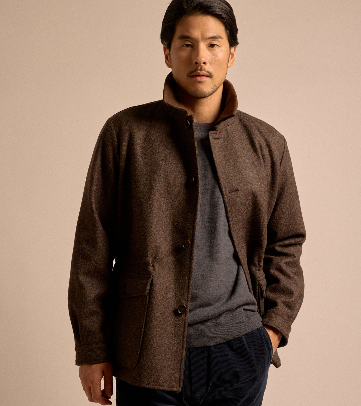 Caruso Shetland Wool Paddock Jacket in dark brown, product photo.