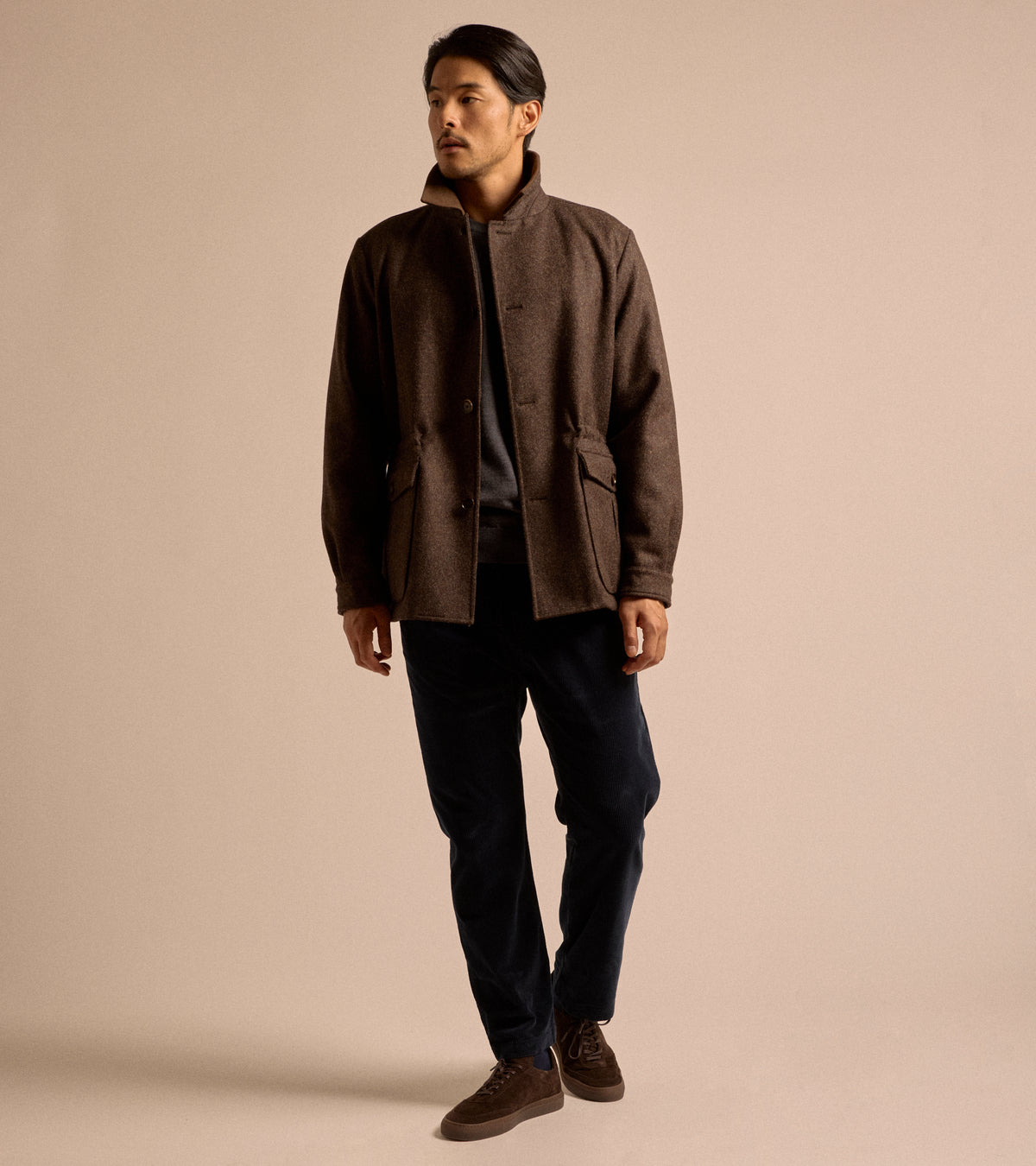 Caruso Shetland Wool Paddock Jacket in dark brown, product photo.
