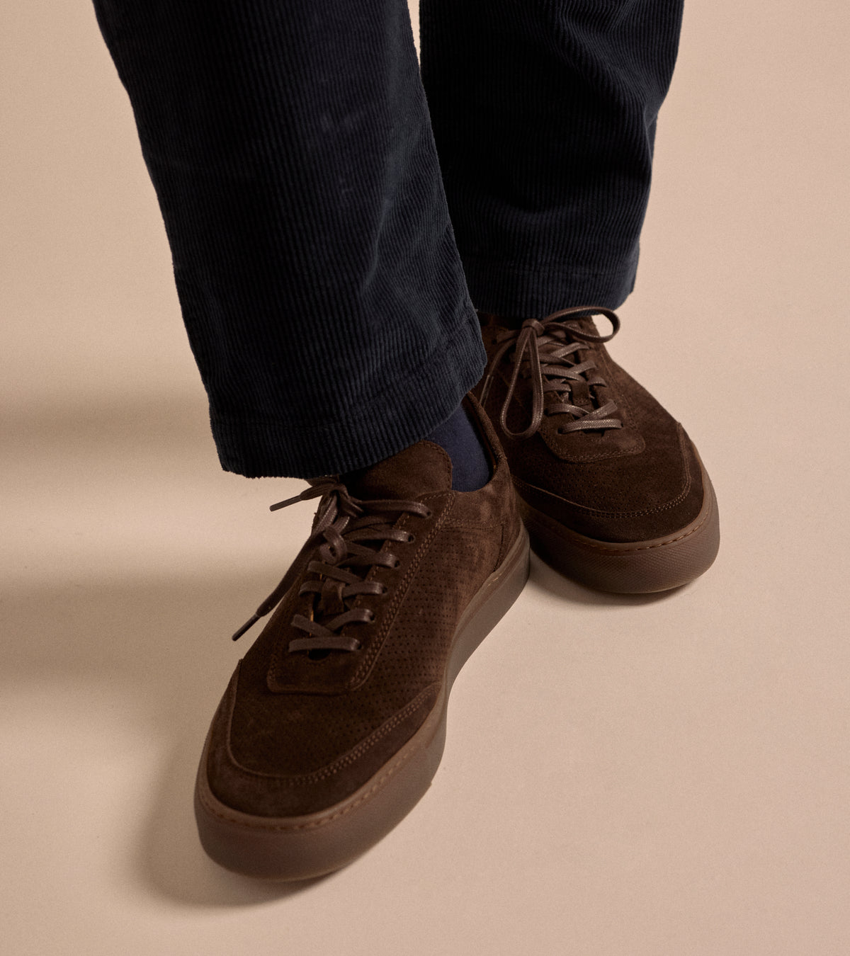 CQP Atrium Suede Sneaker in dark brown, product photo.