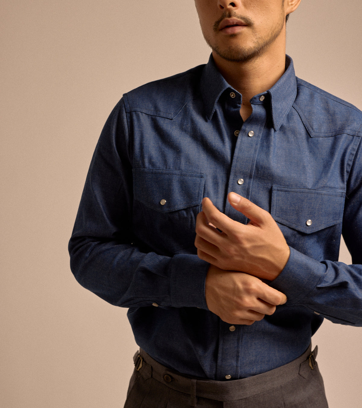 Gitman Vintage Denim Western Shirt in light blue, product photo.
