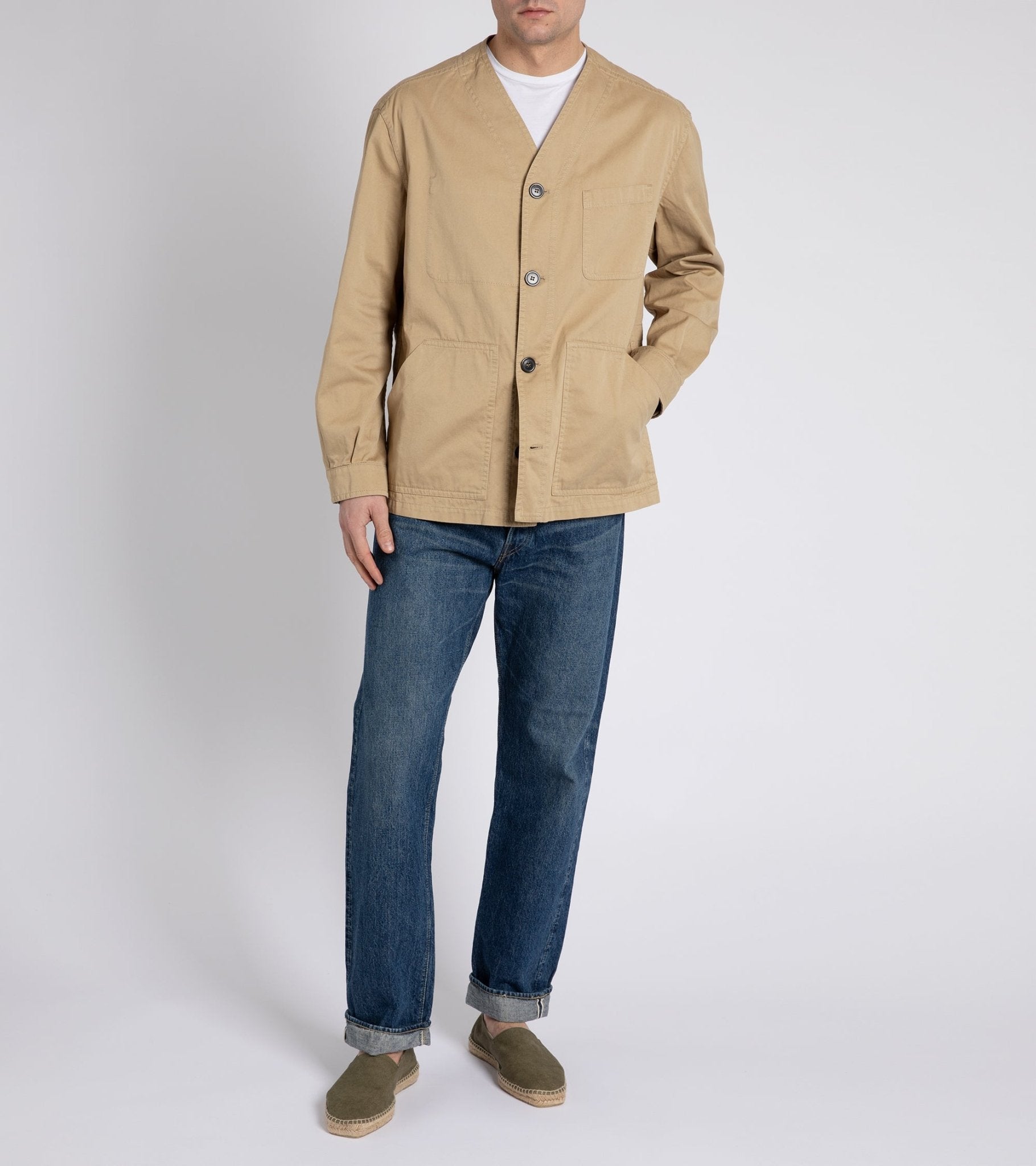 Rovi Lucca Collarless Cotton Drill Garden Jacket: Beige - Trunk Clothiers