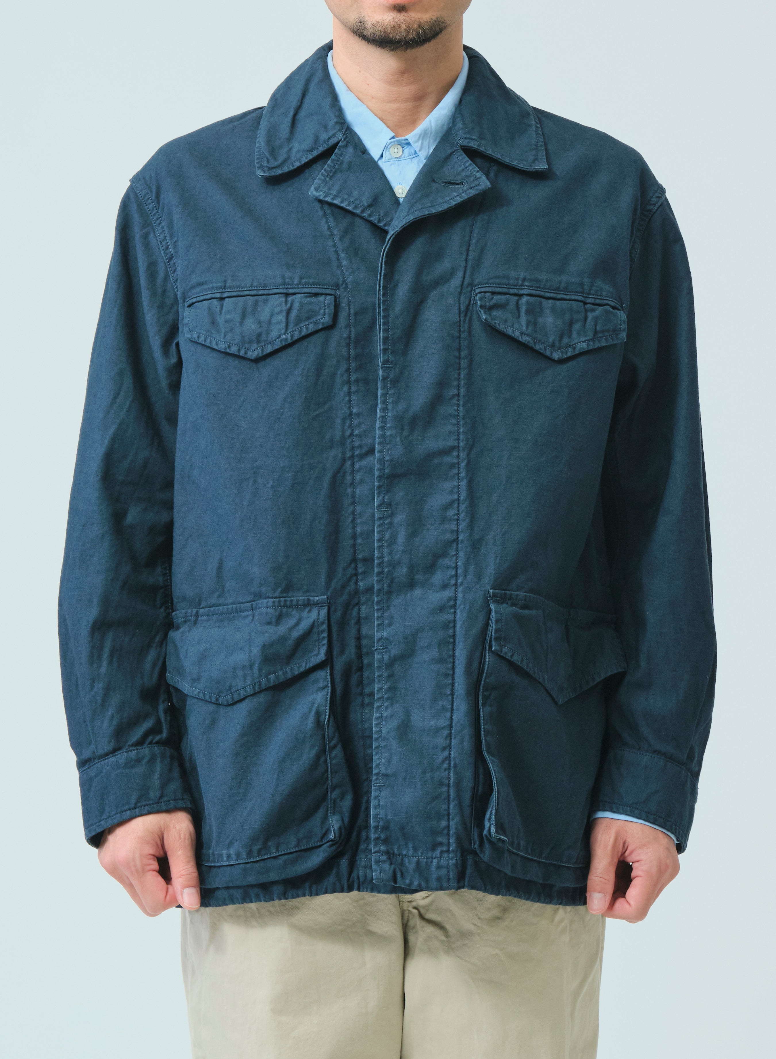 Sage de Cret Cotton Linen Back Satin M-47 Style Jacket: Navy