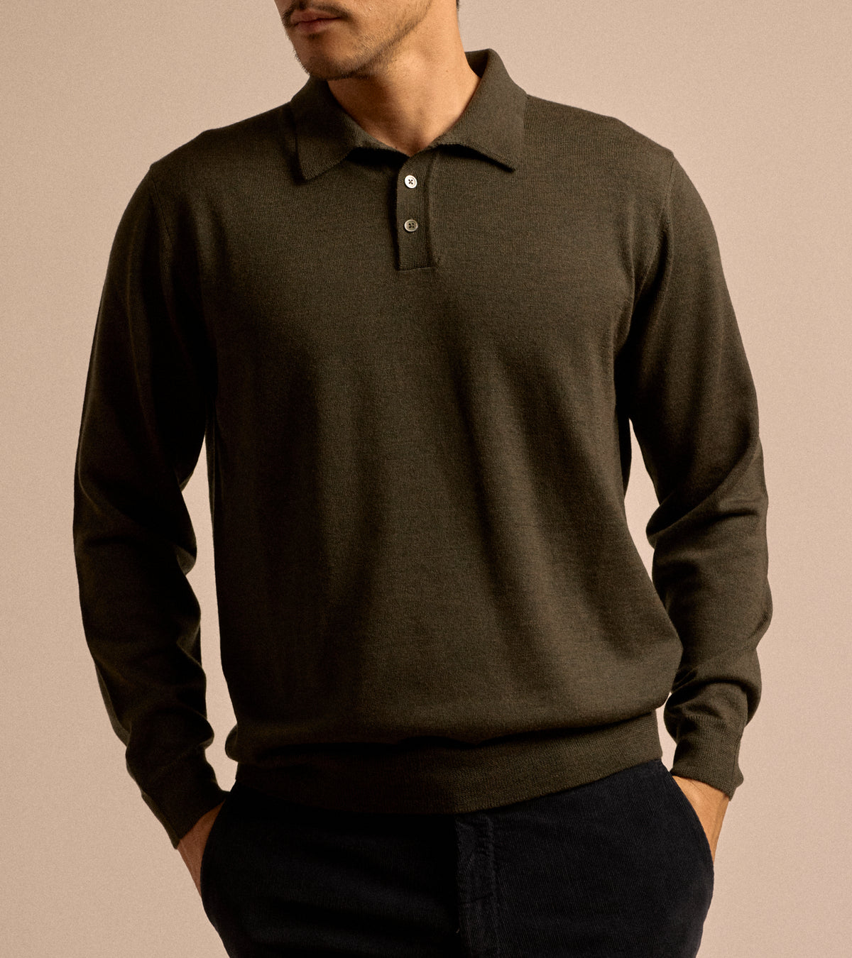 Trunk Enford Merino Knit Long Sleeve Polo Shirt in loden green, product photo.