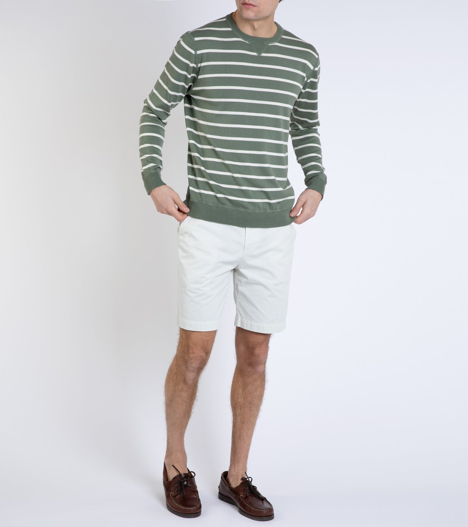 Trunk Marsham Cotton Cashmere Stripe Sweatshirt: Sage Green/Ecru - Trunk Clothiers