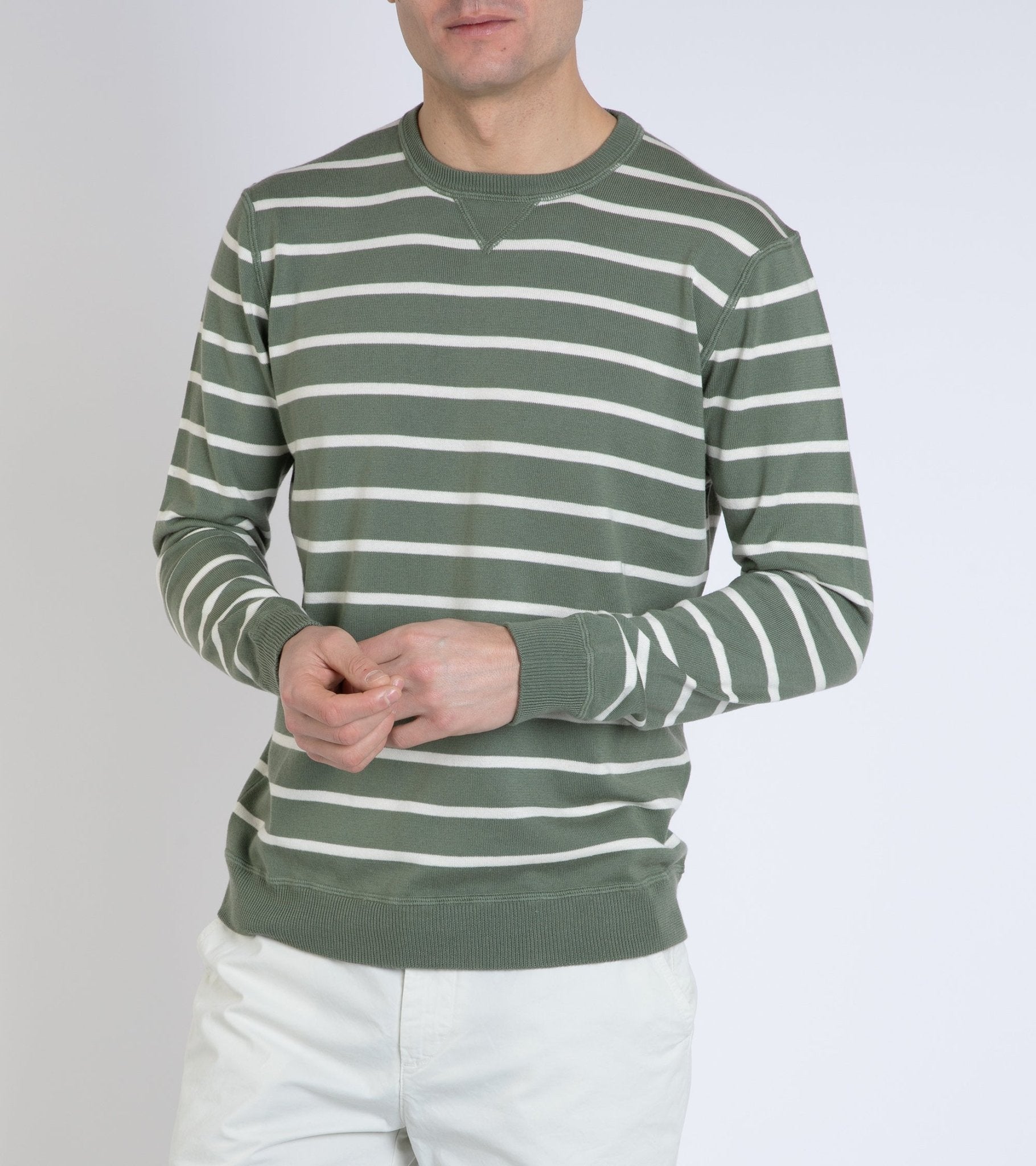 Trunk Marsham Cotton Cashmere Stripe Sweatshirt: Sage Green/Ecru - Trunk Clothiers
