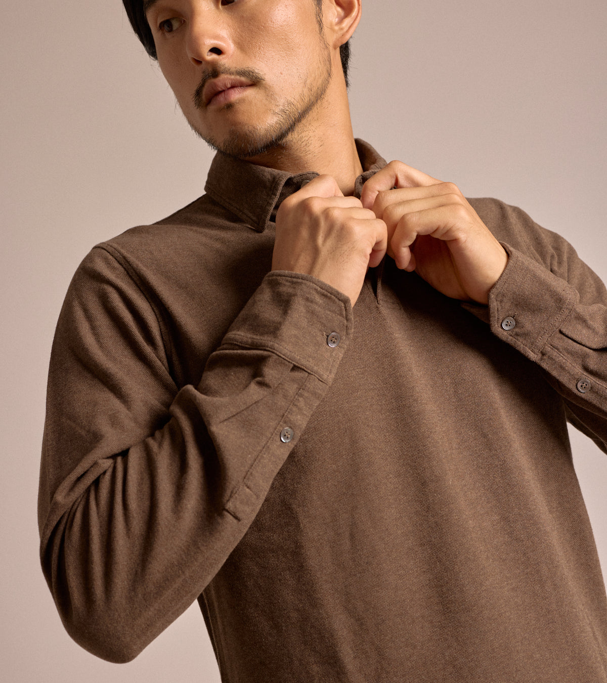 Trunk Moxon Long Sleeve Polo Shirt in brown marl, product photo.